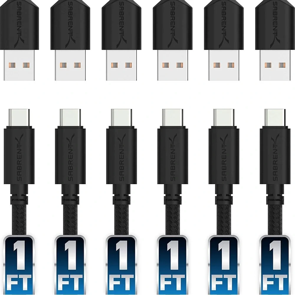 Sabrent 6-Pack Premium 1ft USB-C to USB A 2.0 Cables